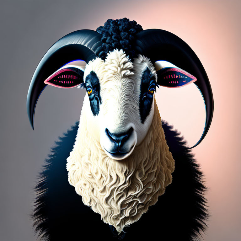 Digital artwork of ram with curved horns, pink eyelids, black fleece, and white curly fleece.
