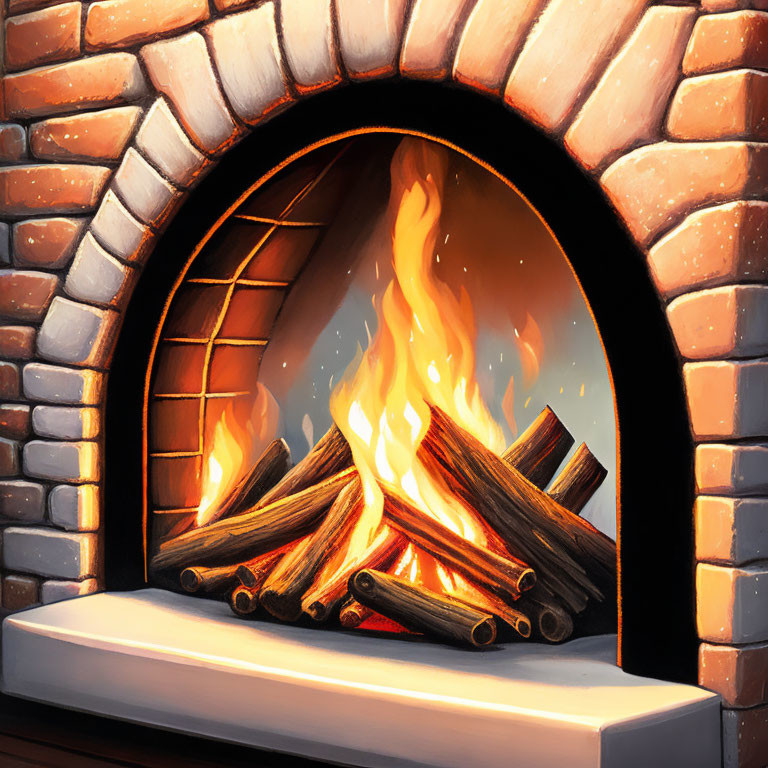 Brick fireplace with cozy roaring fire