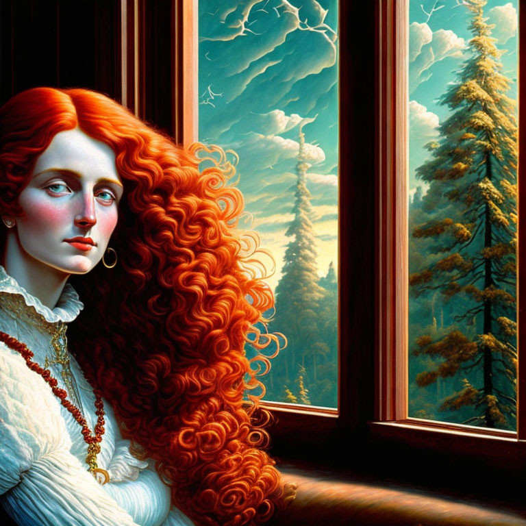 Red-haired woman gazes thoughtfully by window with pine forest view