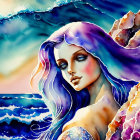 Vibrant Watercolor Mermaid with Purple Hair and Serene Expression