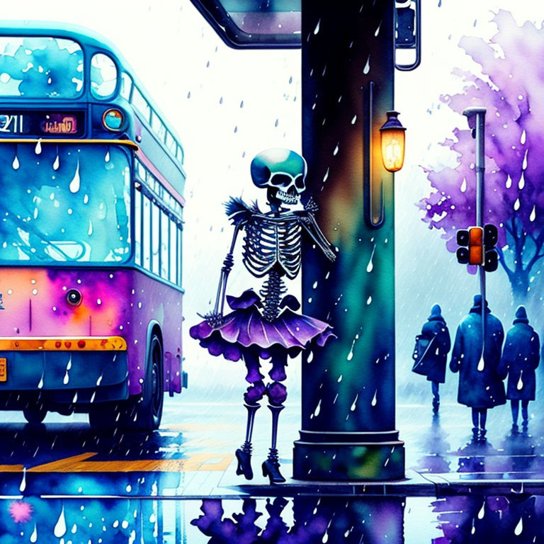 Skeleton in Purple Tutu Waits at Snowy Bus Stop with Pedestrians, Vintage Bus,