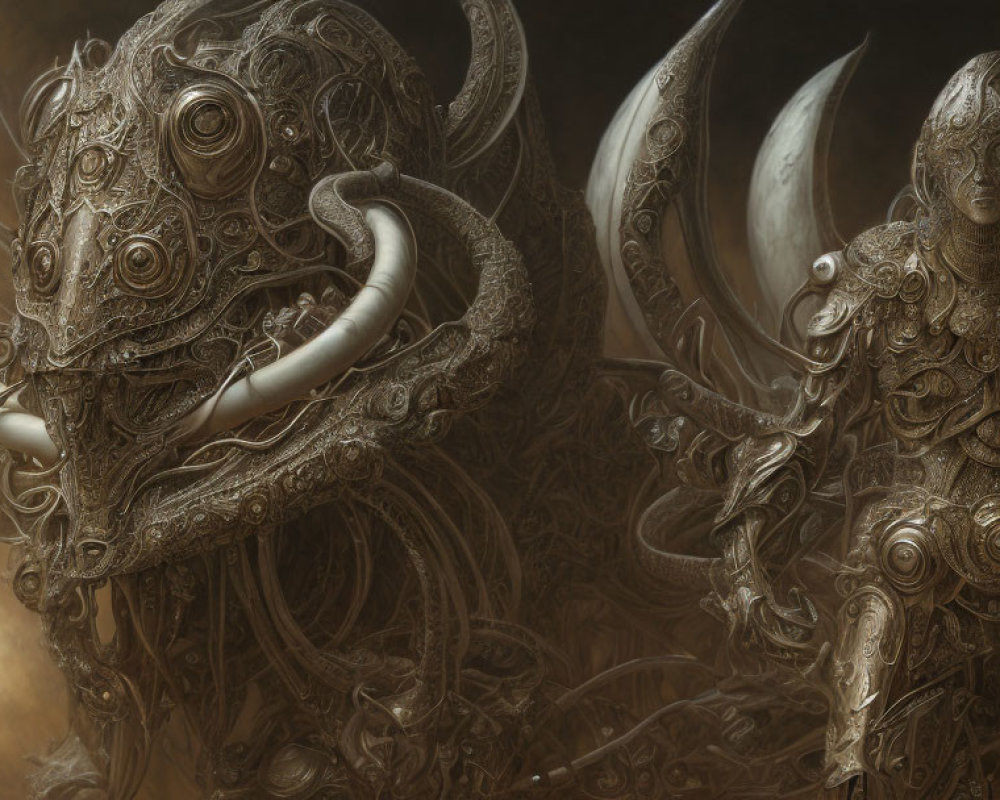 Ornate humanoid figures in metallic armor with swirling patterns in mystical setting