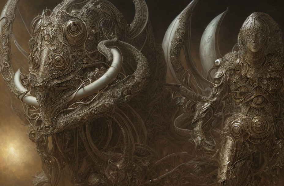 Ornate humanoid figures in metallic armor with swirling patterns in mystical setting