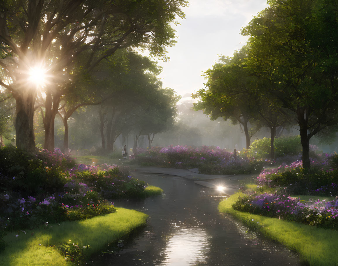 Tranquil Sunrise Park Scene with Winding Path and Blooming Flowers