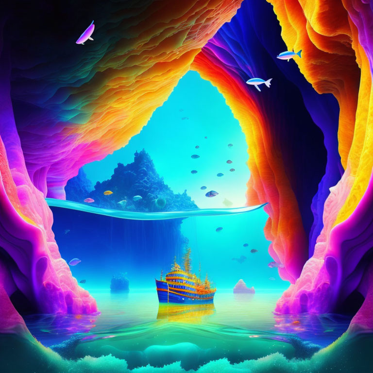 Fantasy cave with ship on clear lake, luminous flora, birds under ethereal sky