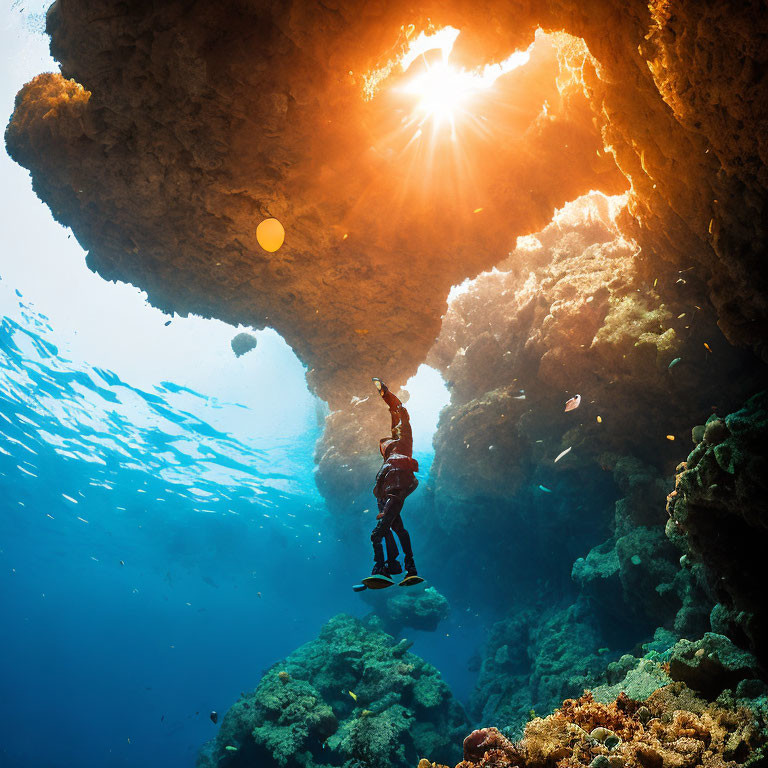 Underwater Cave Diver Amid Coral Formations and Sunlight