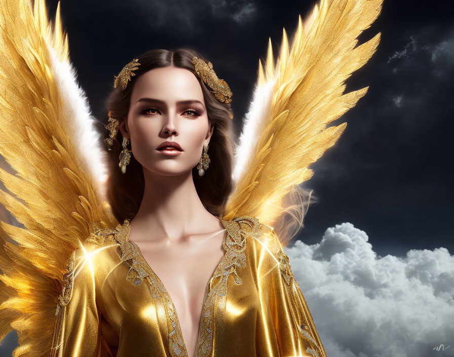 Digital Artwork: Woman with Golden Wings in Angelic Attire against Dramatic Sky