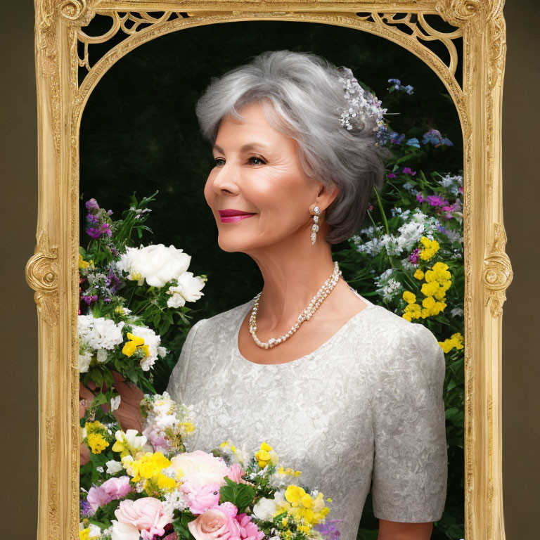 Elegant elderly lady with gray hair and pearl necklace in front of ornate mirror and flowers
