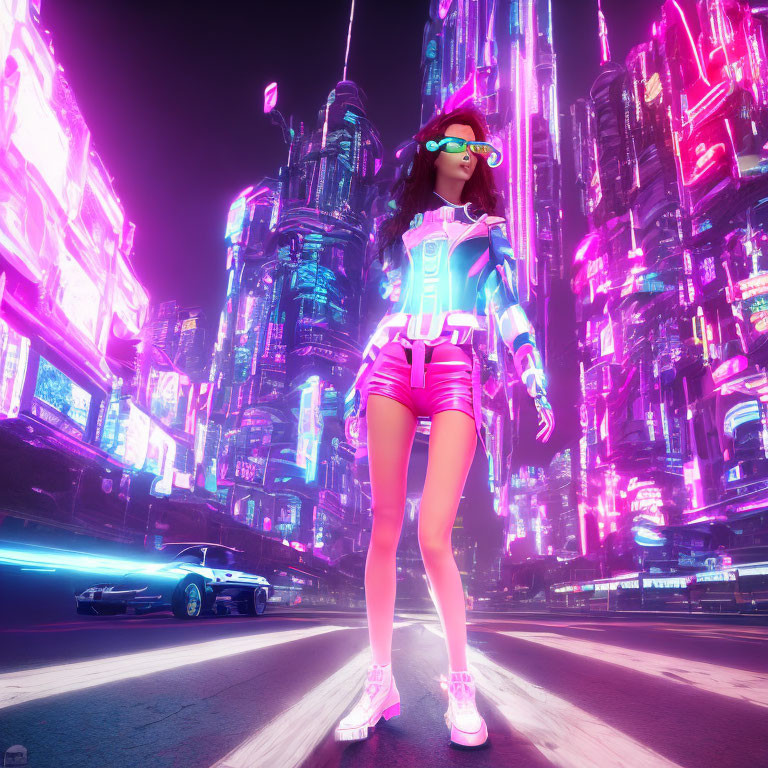 Futuristic woman in neon-lit cyberpunk cityscape at night