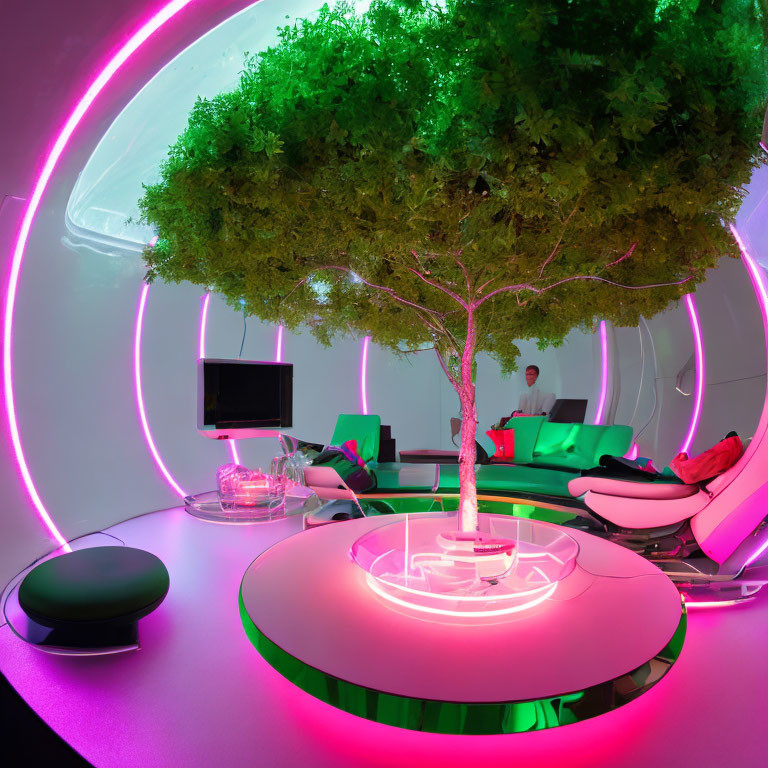 Modern lounge with neon lights, central tree, circular design, green and pink colors