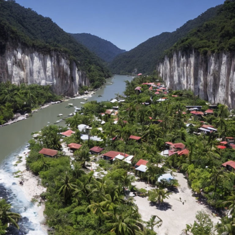 Tropical village surrounded by river, hills, and white cliffs
