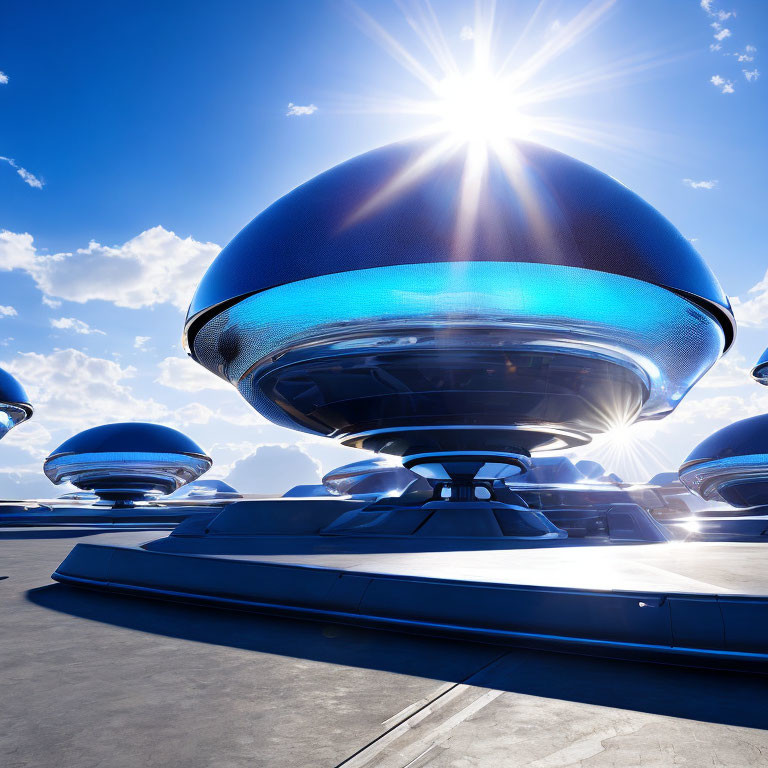 Blue flying saucers on launch platform under bright sun and clear sky