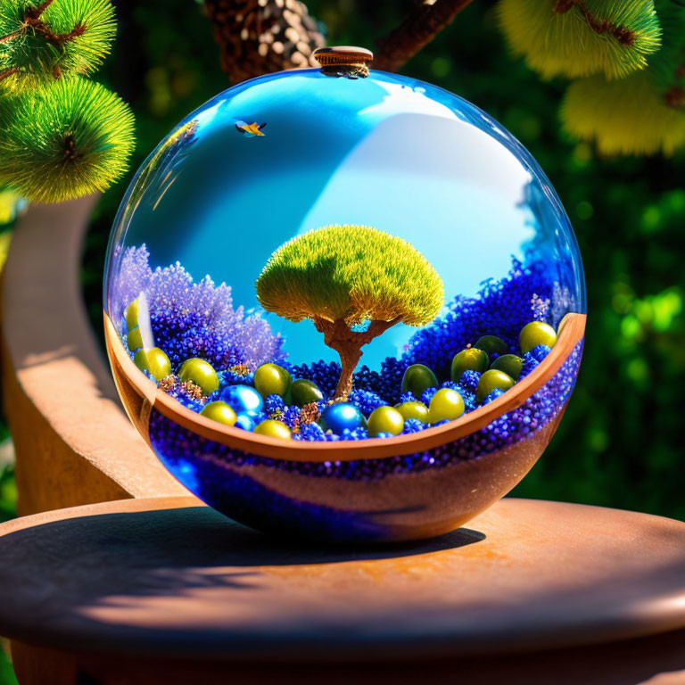 Glass Terrarium with Miniature Tree, Blue and Gold Orbs, Pine Branches, Wooden Base