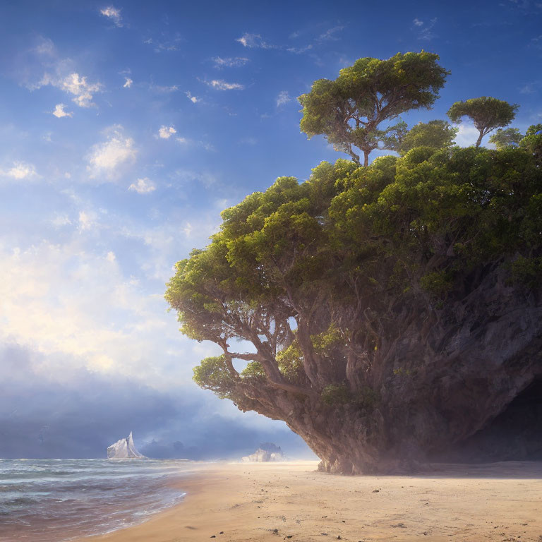 Tranquil beach scene with tree, rocks, waves, and hazy sky