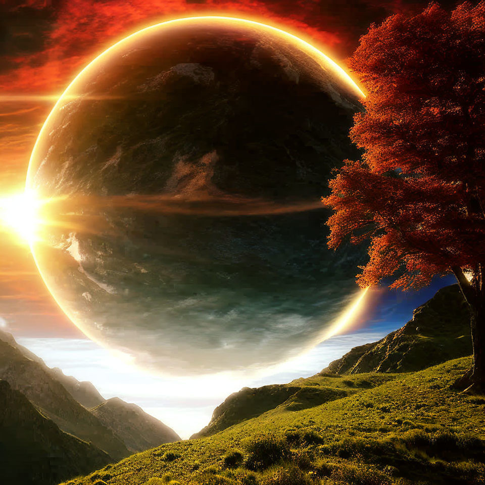 Surreal landscape with massive planet, mountains, and radiant tree
