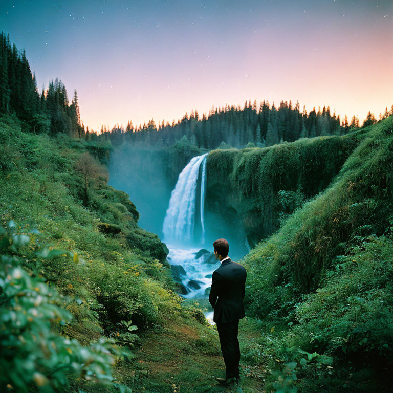 Man in suit observing majestic waterfall under twilight sky