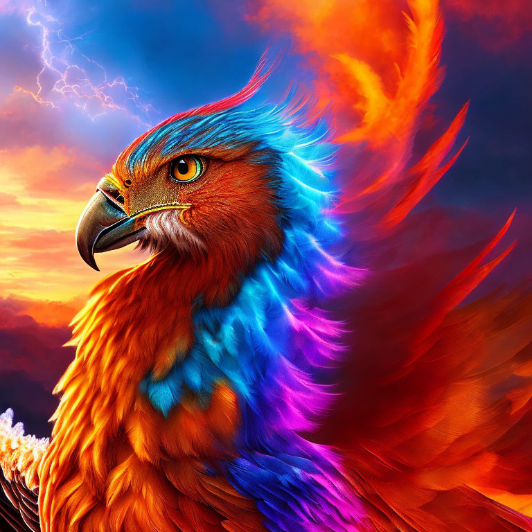 Colorful Fantasy Eagle Soaring in Stormy Sky