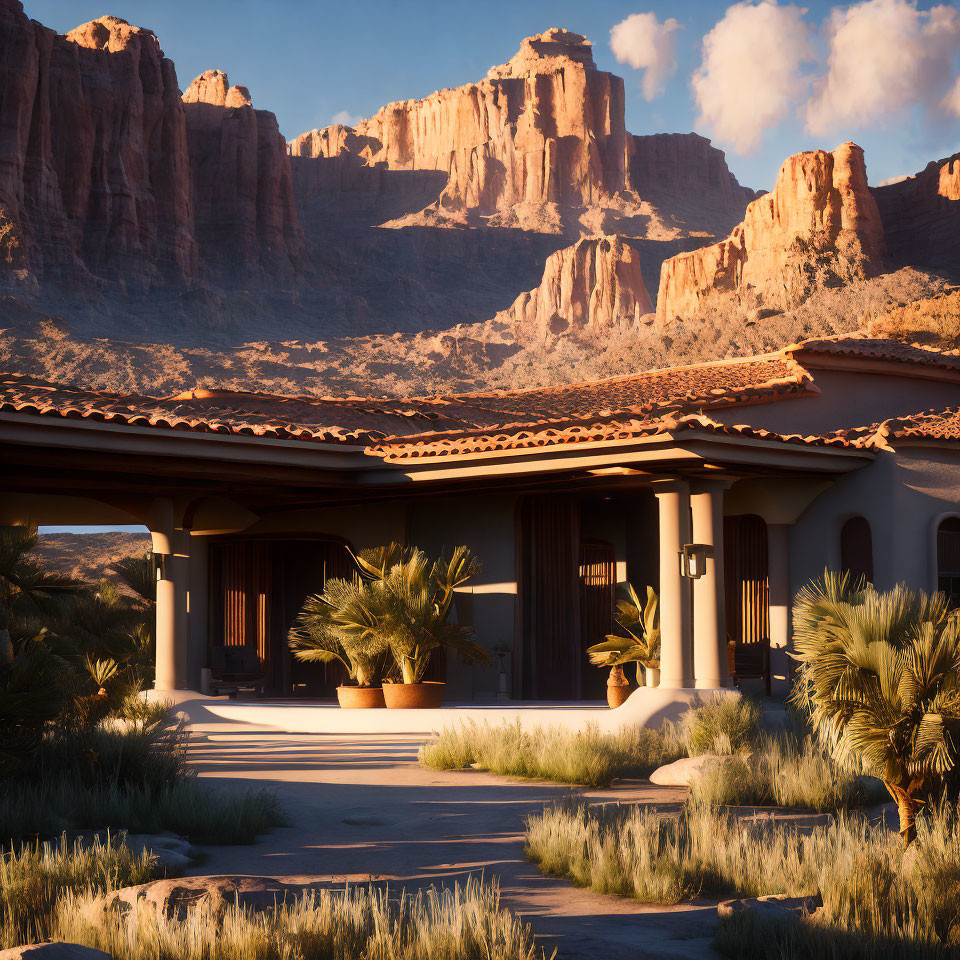 Desert Villa with Terracotta Roof Tiles and Red Rock Backdrop