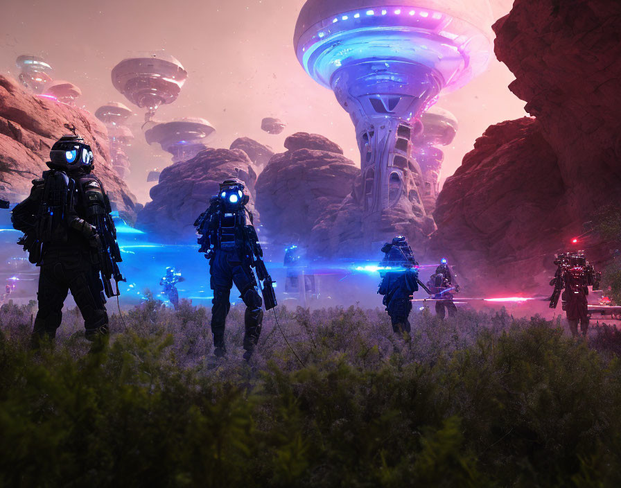 Futuristic armored soldiers on rocky alien landscape with floating structures.