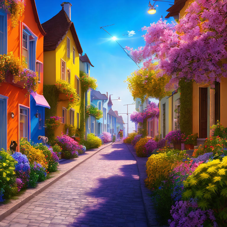 Colorful houses and blooming trees on charming street under clear blue sky