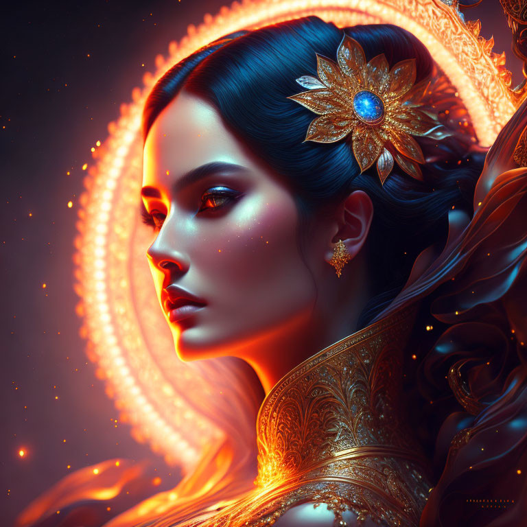 Digital Artwork: Woman with Gold Accessories and Orange Halo Background