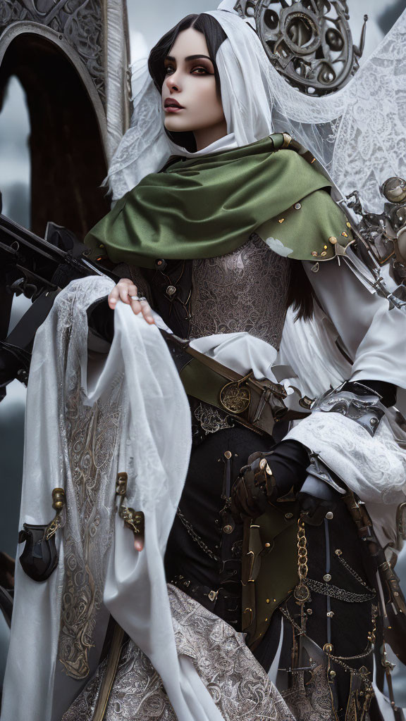 Elaborate fantasy costume with green cape and intricate armor pose against ornate backdrop