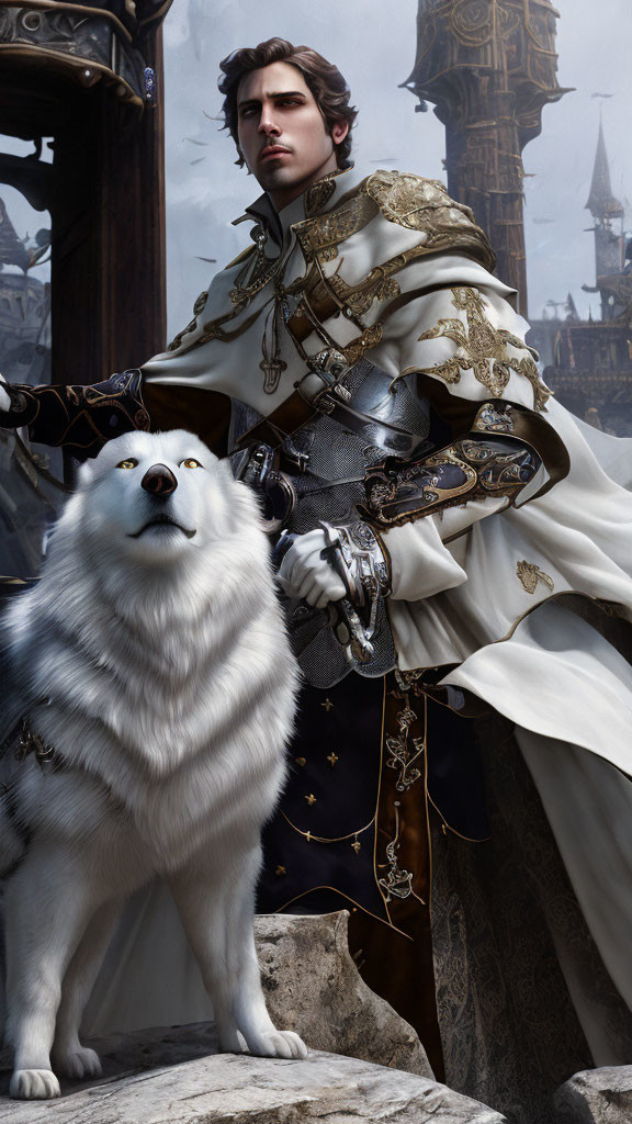 Regal man in ornate armor with majestic white dog in front of Gothic architecture