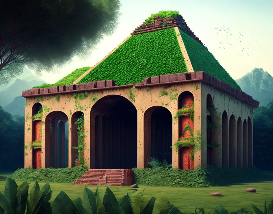 Ancient styled building surrounded by greenery in misty forest landscape