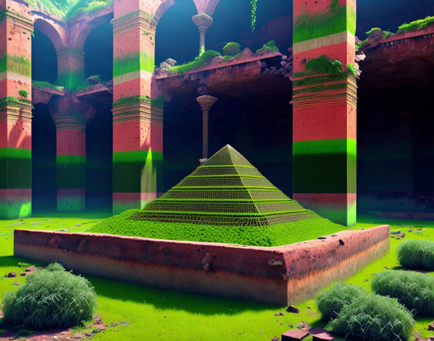 Digital art: Green wireframe pyramid in abandoned building with striped columns
