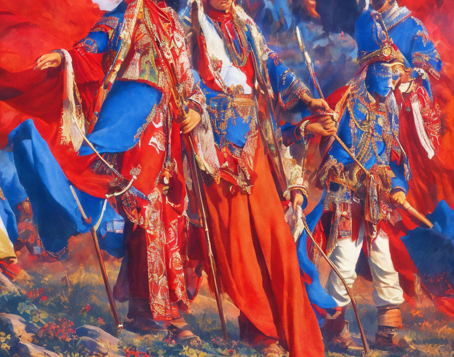 Three individuals in blue and red traditional attire with spears on vibrant background