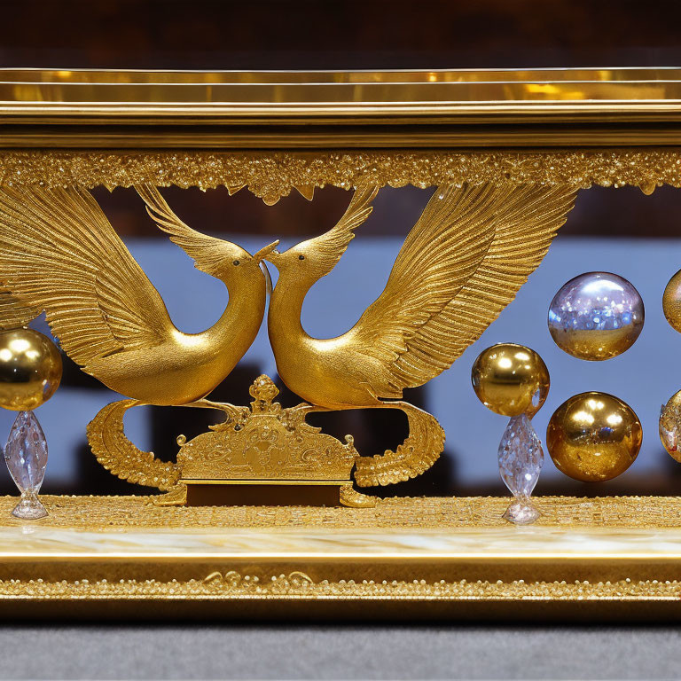 Ornate golden birds and crown on lavish furniture with intricate details