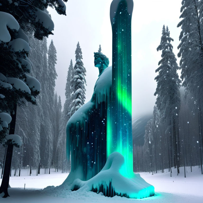 Surreal Seated Figure Sculpture with Elongated Arm in Snowy Forest