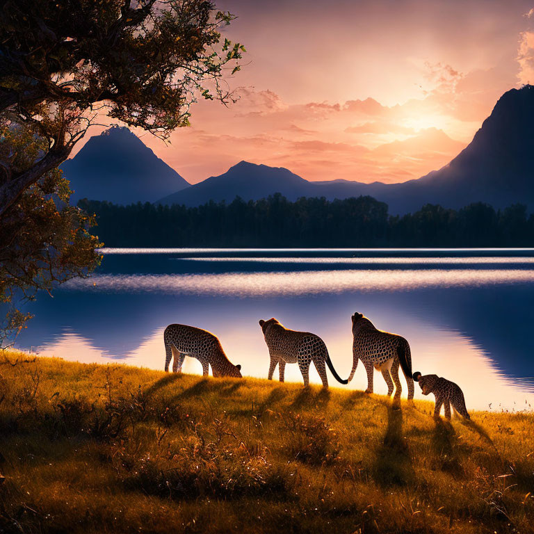 Three cheetahs walking by lake at sunset with mountains and tree.