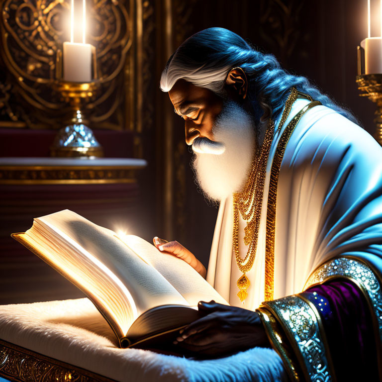 Elderly wizard reading magical book by candlelight