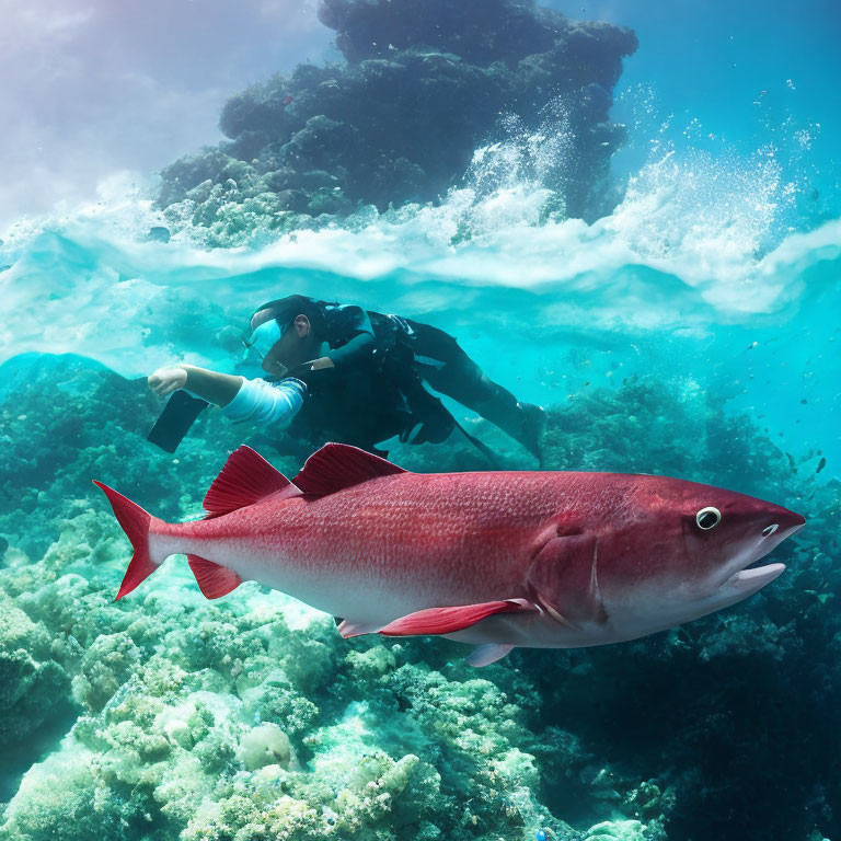 Underwater Diver Observes Large Red Fish Near Coral Reef
