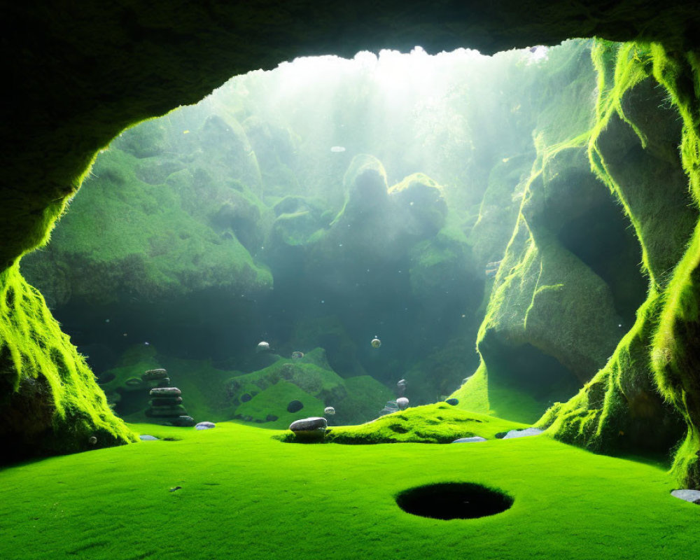 Lush green cave with sunlight filtering through, illuminating vibrant moss and rocks.