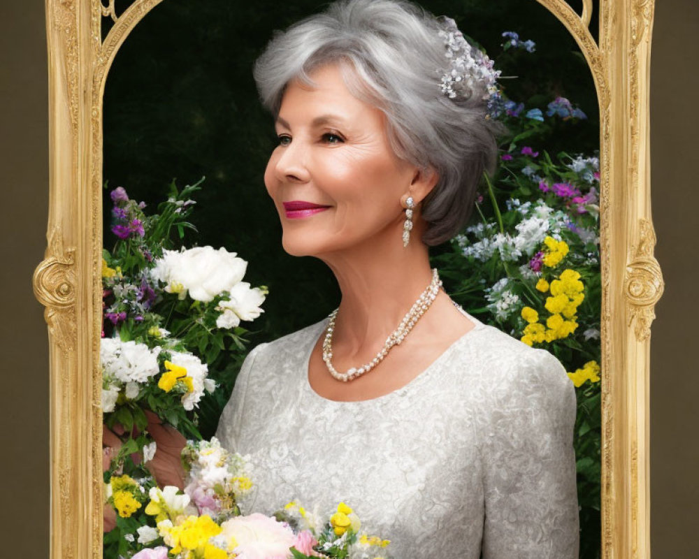 Elegant elderly lady with gray hair and pearl necklace in front of ornate mirror and flowers