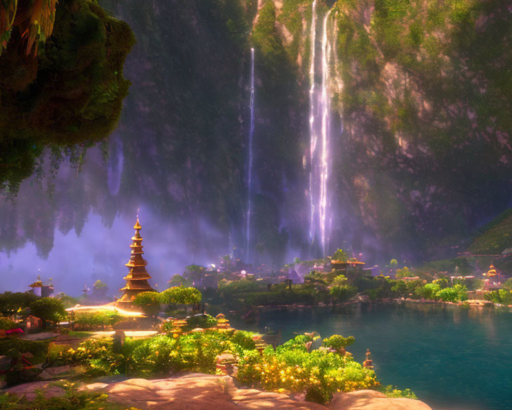Tranquil fantasy landscape with pagoda, waterfalls, and blue lake