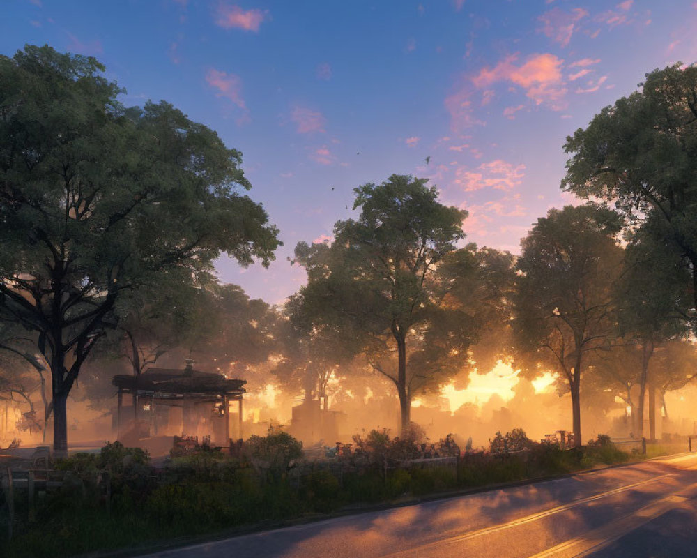 Tranquil Sunset Park Scene with Sunlight Rays, Misty Path, Gazebo, and