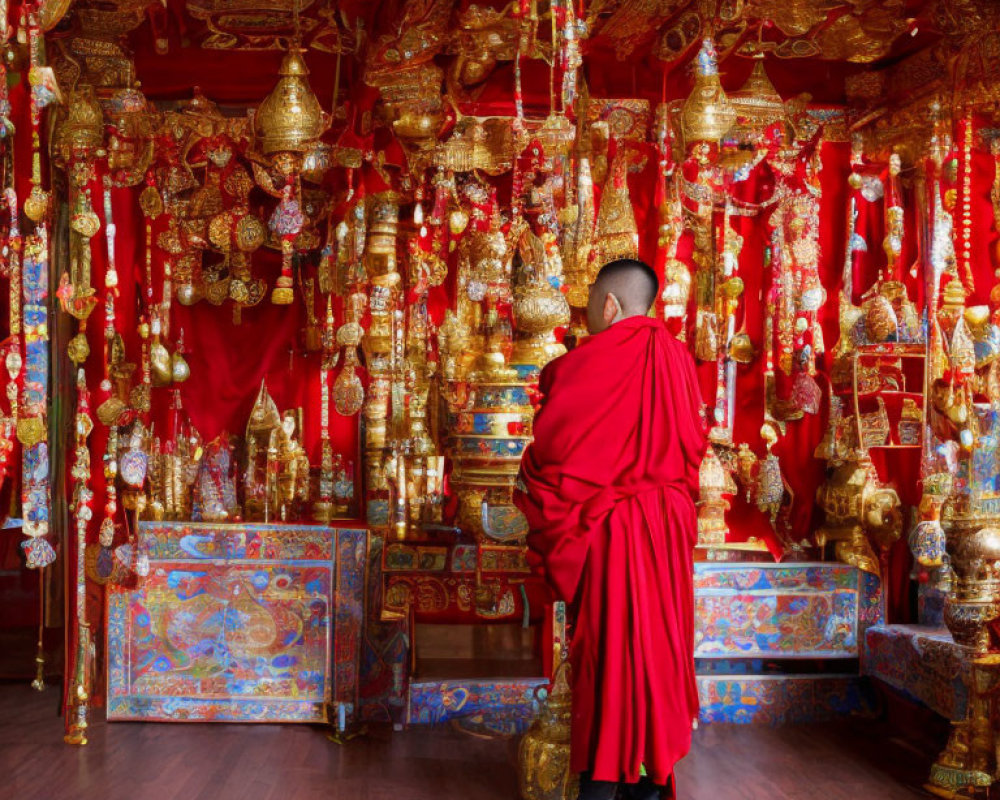 Monk in red robes in ornate temple with golden decorations
