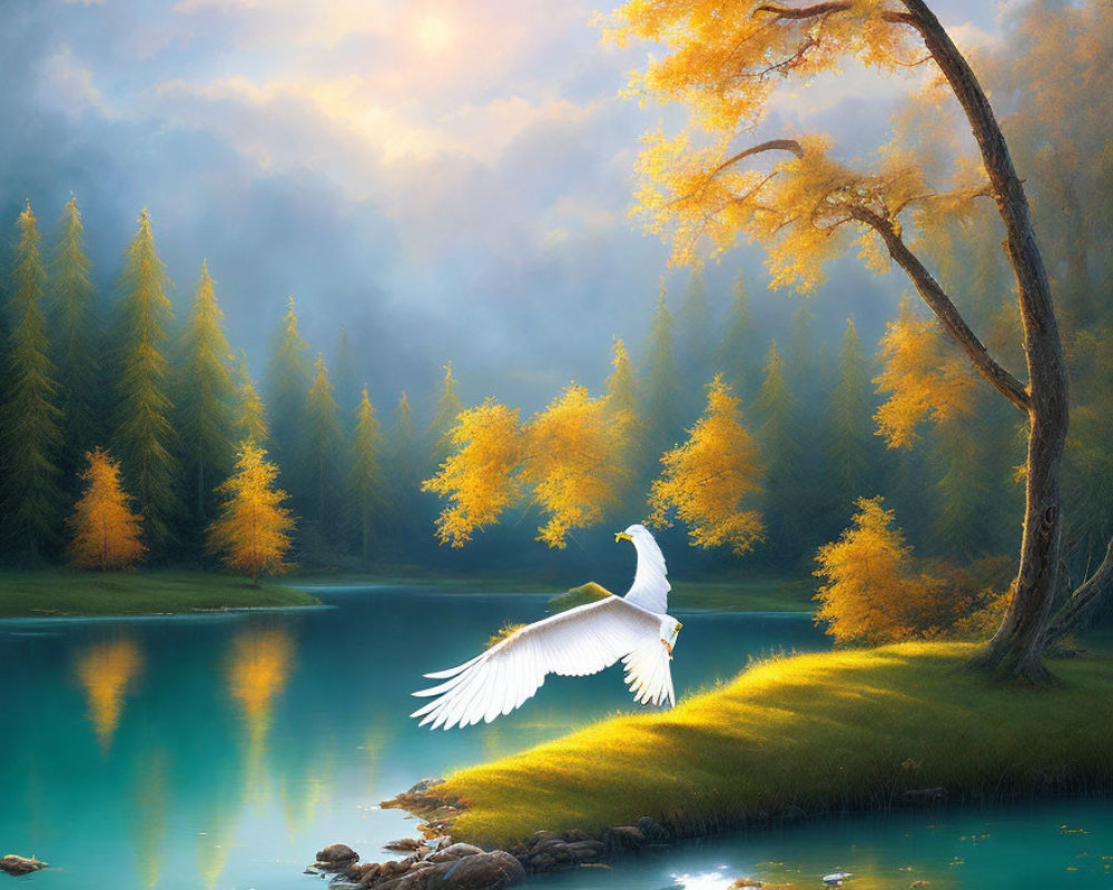 Swan flying over golden trees and calm lake in autumn