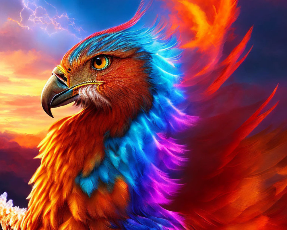 Colorful Fantasy Eagle Soaring in Stormy Sky