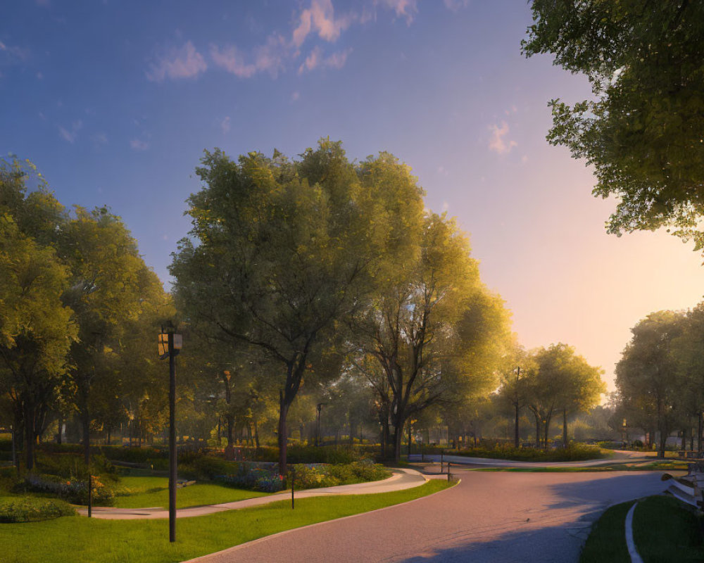 Tranquil park at sunset with winding paths, benches, lush trees, and flower beds