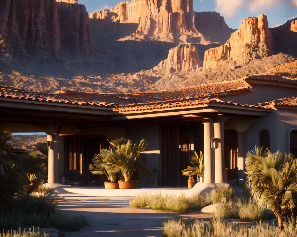 Desert Villa with Terracotta Roof Tiles and Red Rock Backdrop