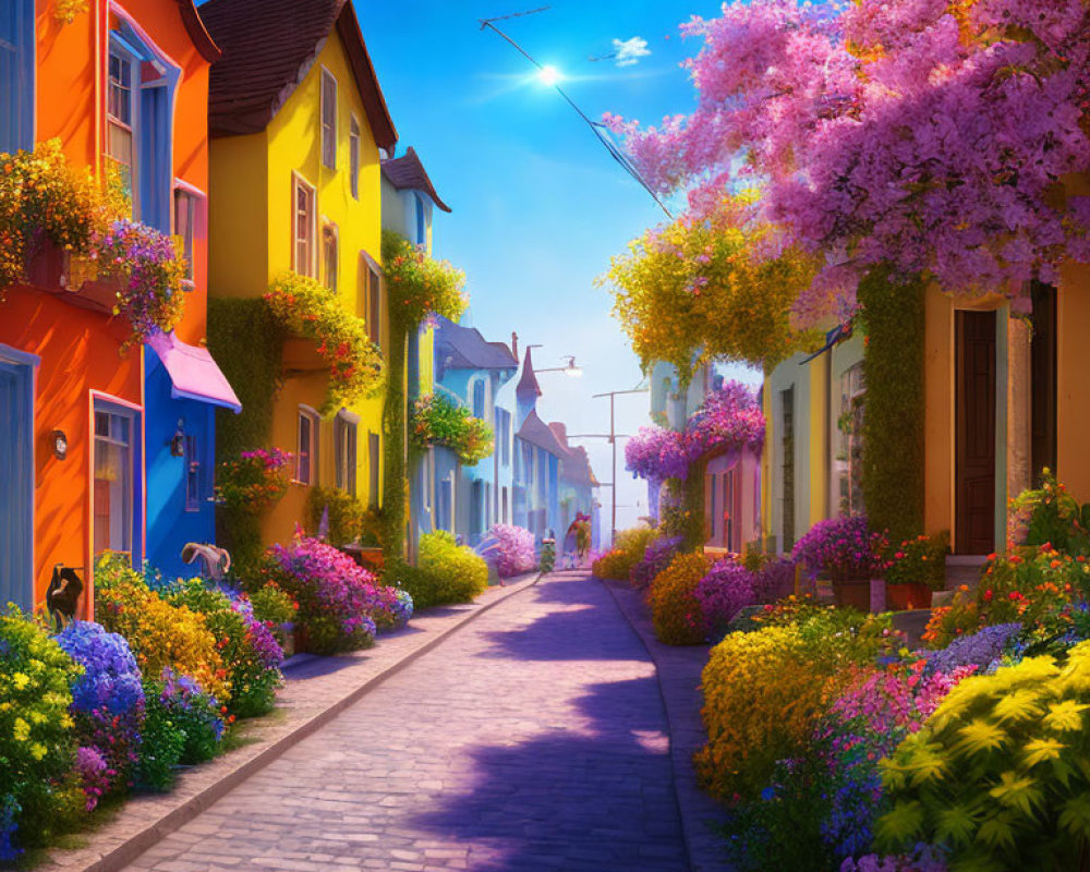 Colorful houses and blooming trees on charming street under clear blue sky