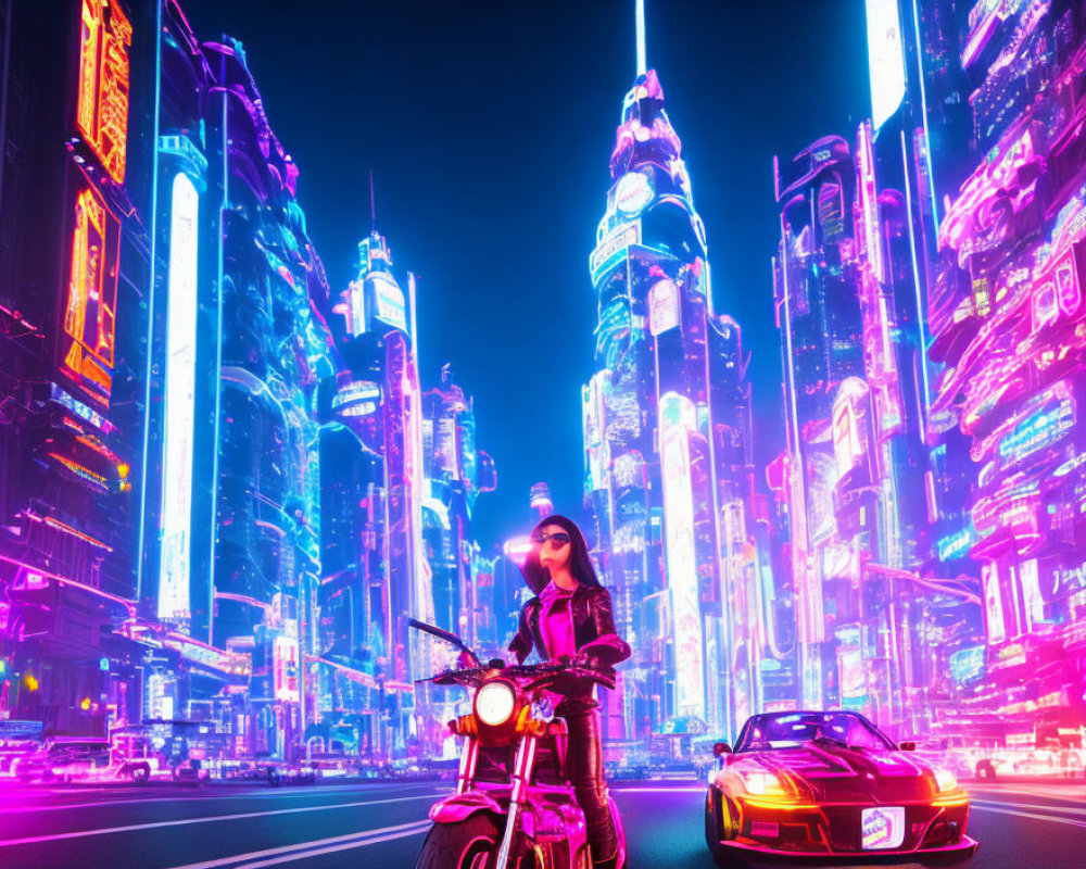Stylish woman by motorcycle in neon-lit futuristic cityscape