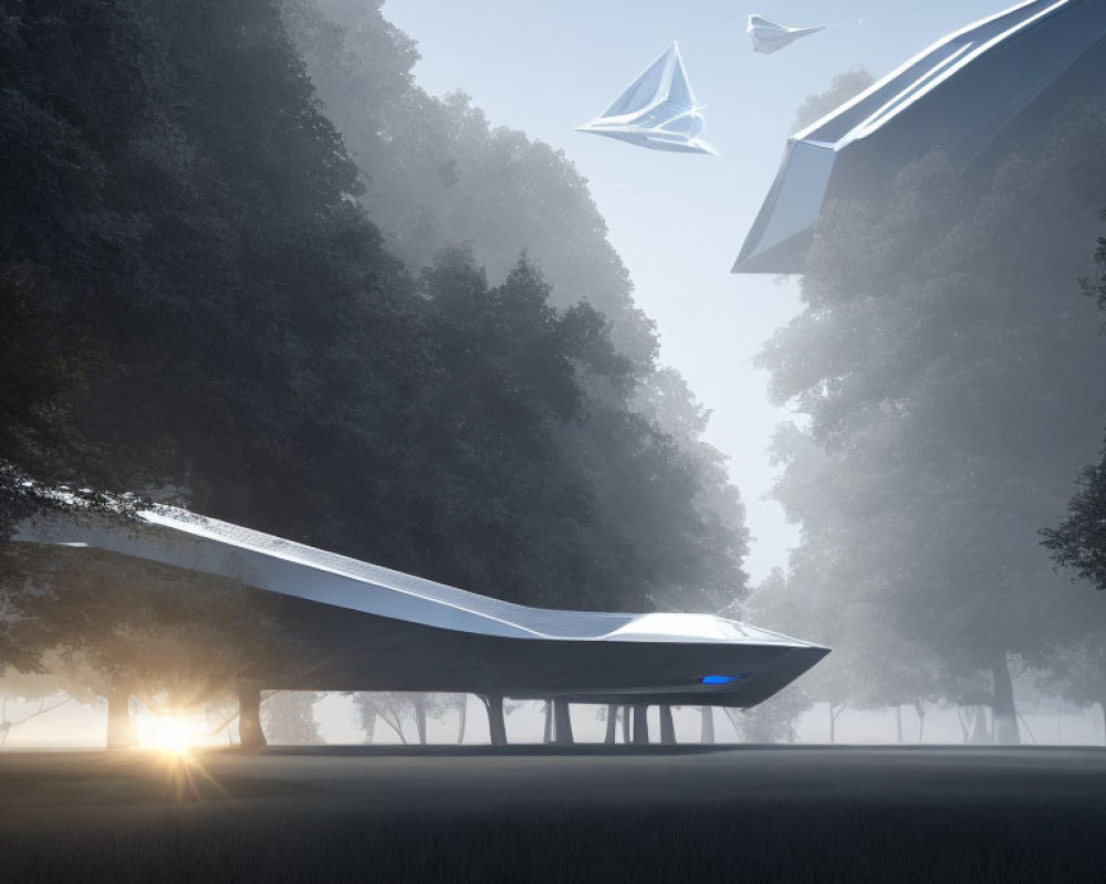 Sleek futuristic buildings in misty forest with sunlight and paper planes