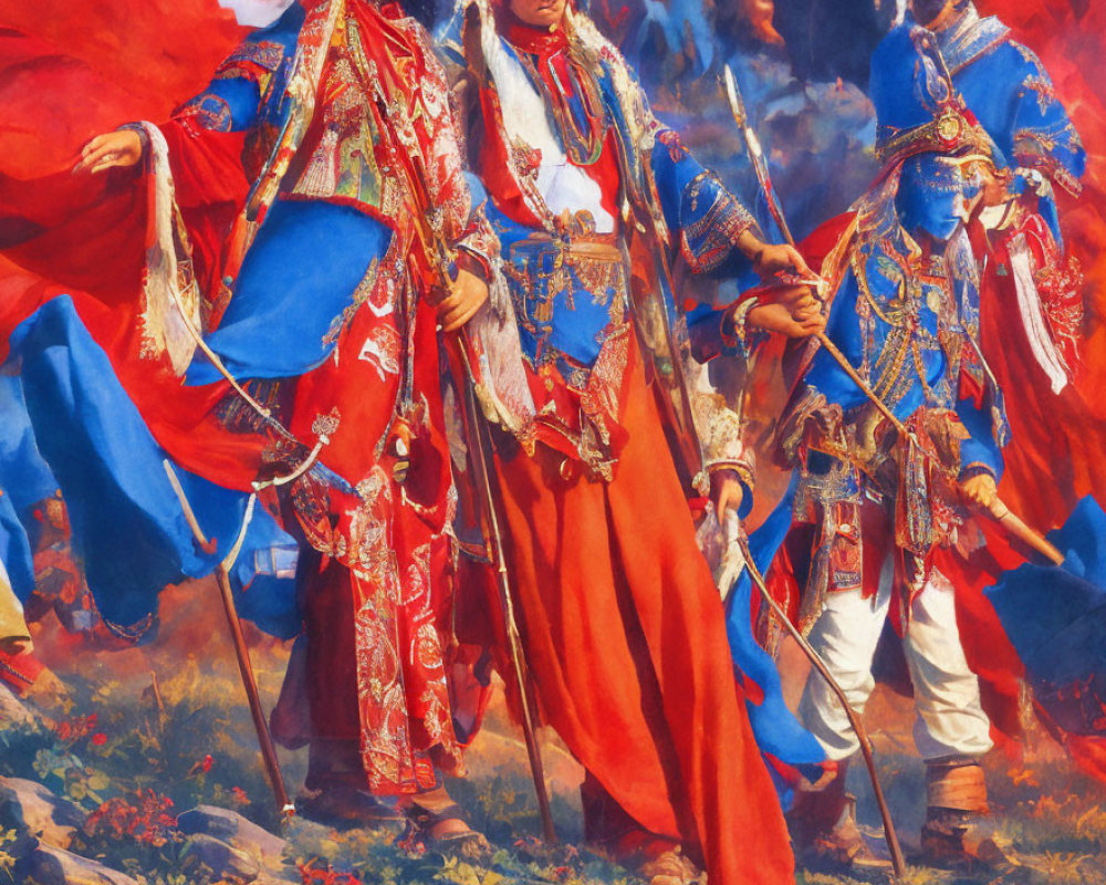 Three individuals in blue and red traditional attire with spears on vibrant background