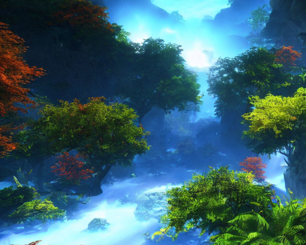 Vibrant trees in misty forest with radiant light creating ethereal ambiance
