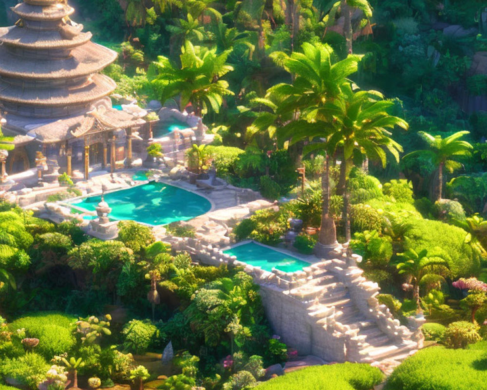 Tiered pagoda in lush tropical garden with palm trees and blue pools